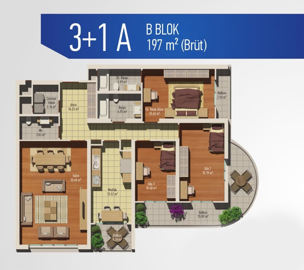 Bizimevler 7 3+1 A Tip Satılık 3+1 Boş Daire - Fotoğraf 1